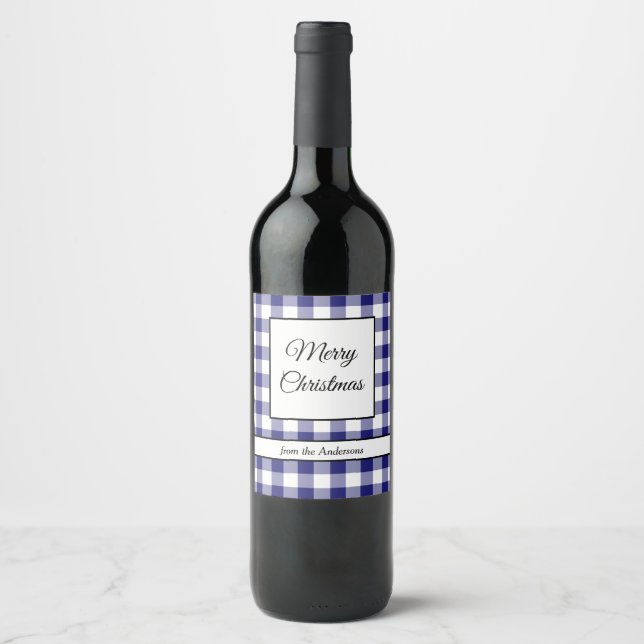  Rustic Blue Plaid Merry Christmas Wine Label (Front)