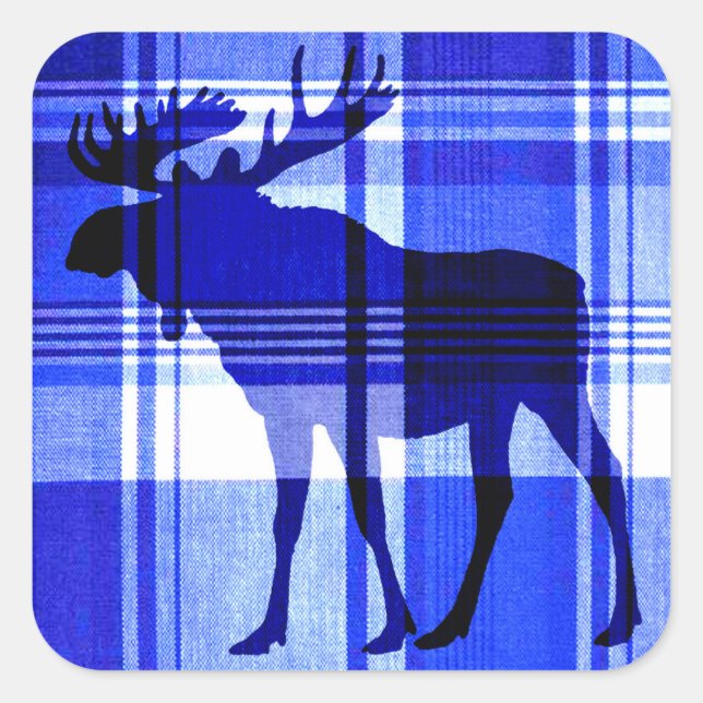 Rustic blue plaid moose square stickers (Front)