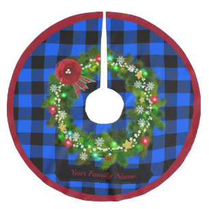 Rustic Blue Plaid, Wreath, Family Name Tree Skirt