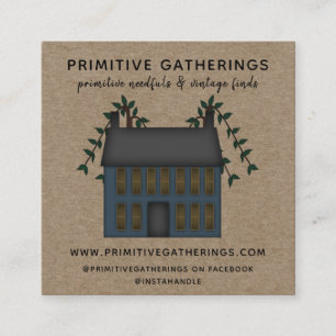 RUSTIC BLUE PRIMITIVE SALTBOX HOUSE COUNTRY KRAFT SQUARE BUSINESS CARD