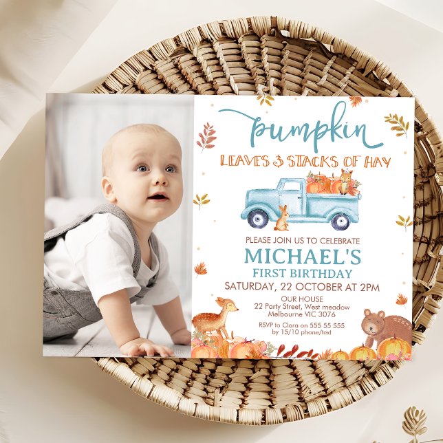 Rustic Blue Pumpkin Truck 1st Birthday  Invitation (Fall Pumpkin Truck First Birthday Invitation Template Printable Pumpkins Leaves and Stacks Hay )