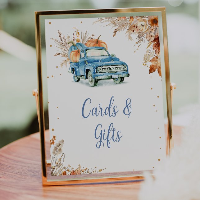 Rustic Blue Pumpkin Truck Baby Shower Sign (Little Pumpkin Baby Shower Sign, Editable Blue Pumpkin Boys Truck Baby Shower Cards and Gifts Sign)