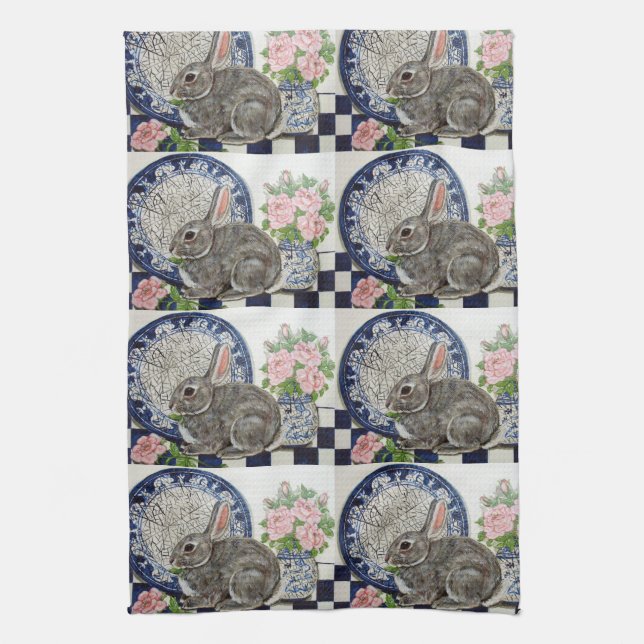 Rustic Blue Rabbit Bunny Dedham Country Farmhouse Tea Towel (Vertical)