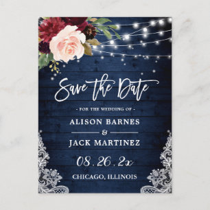 Rustic Blue Red Blush Floral Wedding Save the Date Postcard