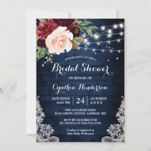 Rustic Blue Red Floral Lights Lace Bridal Shower Invitation