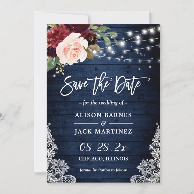 Rustic Blue Red Floral String Lights Wedding Save The Date (Front)