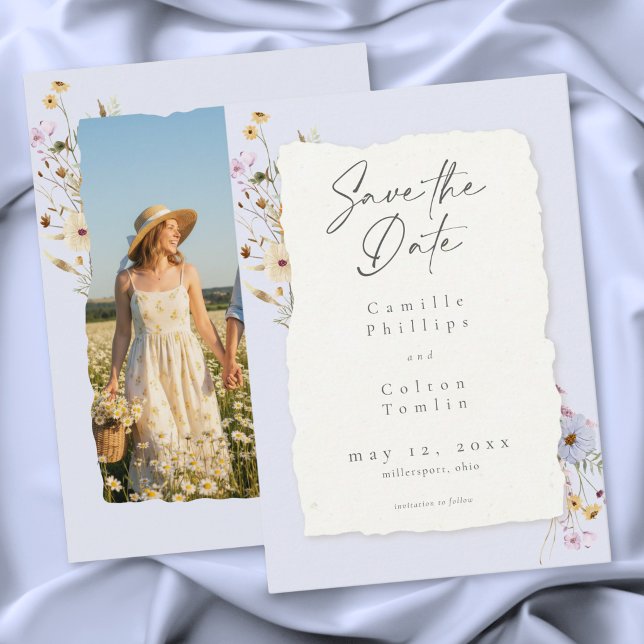 Rustic Blue Romantic Wildflower Wedding Photo Save The Date (Rustic Blue Romantic Wildflower Wedding Photo Save The Date)