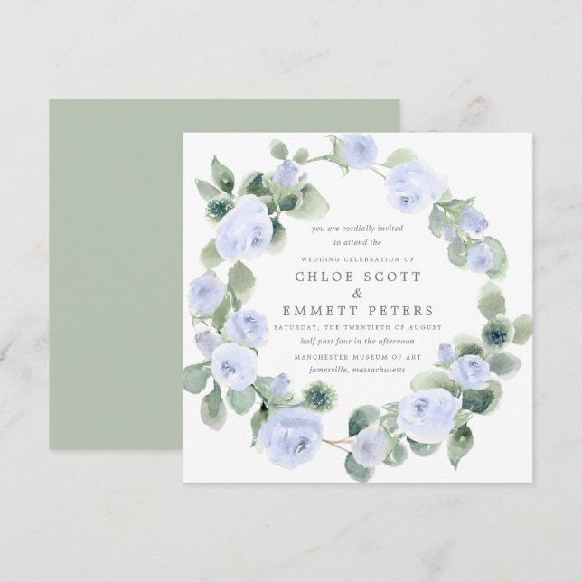 Rustic Blue Rose Floral Eucalyptus Wedding Invitation (Front/Back)