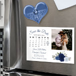 Rustic Blue Roses Calendar & Photo Save the Date Magnetic Invitation<br><div class="desc">This beautiful magnetic card is a wonderful way to let your friends and family know to Save the Date for your upcoming wedding. The rustic boho chic design features with a cluster of hand painted watercolor roses in shades of dusty blue, navy, and indigo. The left side of the card...</div>