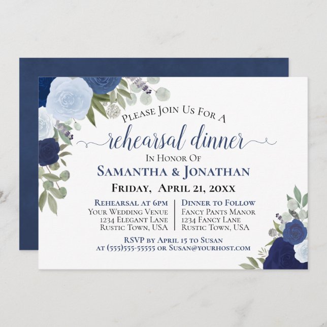 Rustic Blue Roses Floral Wedding Rehearsal Dinner Invitation (Front/Back)