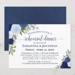 Rustic Blue Roses Floral Wedding Rehearsal Dinner Invitation