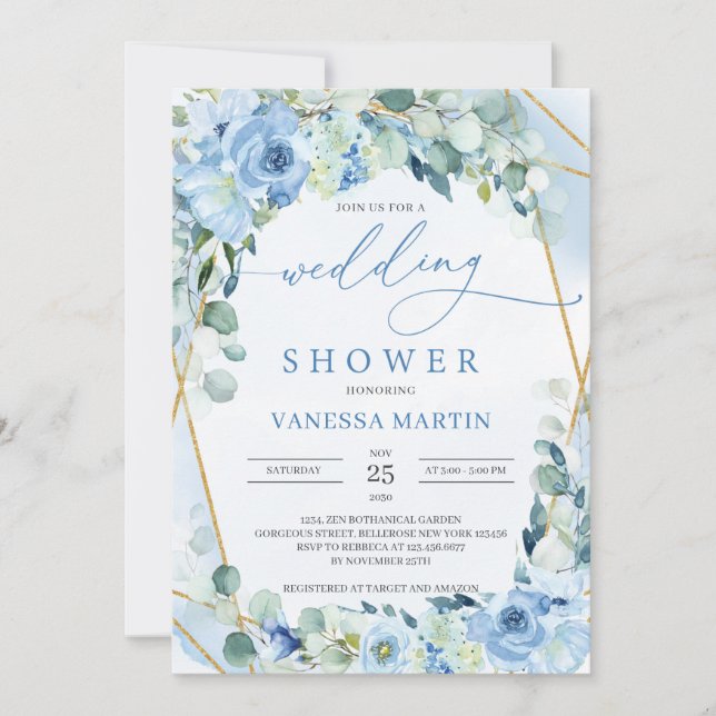 Rustic Blue Roses Gold Geometric Wedding Shower Invitation (Front)