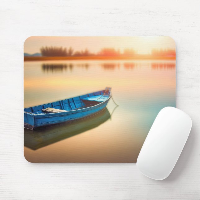 Rustic Blue Rowboat On Calm Lake Mouse Mat (With Mouse)