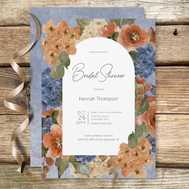Rustic Blue & Rust Floral Bridal Shower Invitation (Rustic Blue & Rust Floral Bridal Shower Invitation)