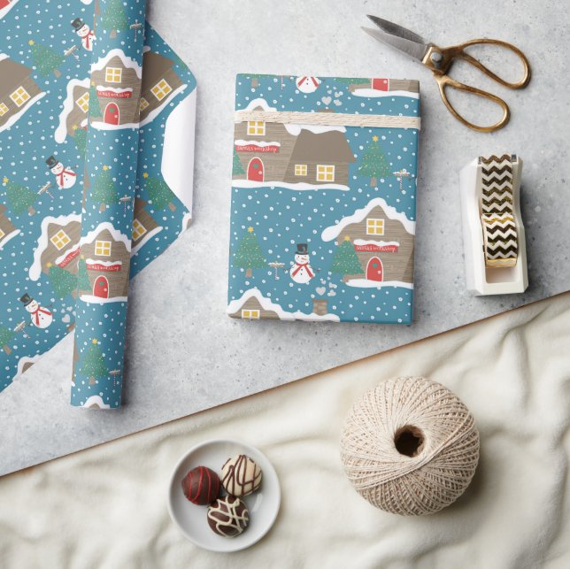 Rustic Blue Santa's Workshop Christmas Holiday Wrapping Paper (Crafts)