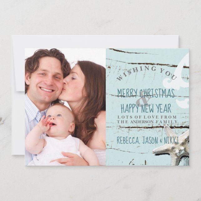 rustic blue seashell beach Merry Christmas photo Holiday Card (Front)