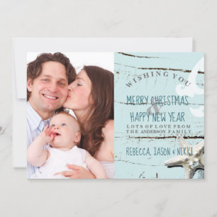 rustic blue seashell beach Merry Christmas photo Holiday Card