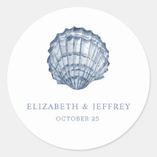 Rustic Blue Seashells Marine Ocean Beach Wedding  Classic Round Sticker
