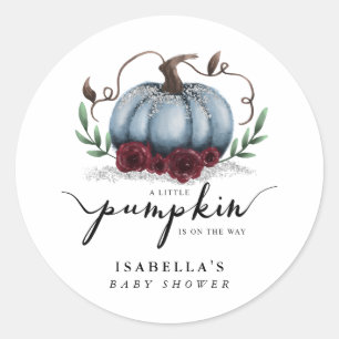 Rustic Blue Silver Pumpkin Baby Shower Favor Classic Round Sticker