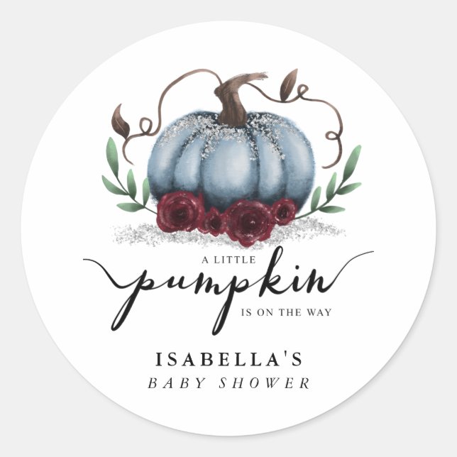 Rustic Blue Silver Pumpkin Baby Shower Favour Classic Round Sticker (Front)