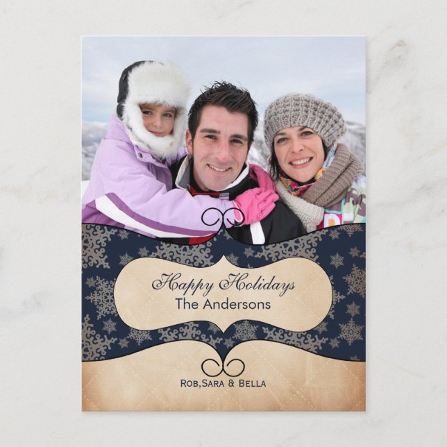 Rustic blue snowflakes photo Holiday cards (Front)