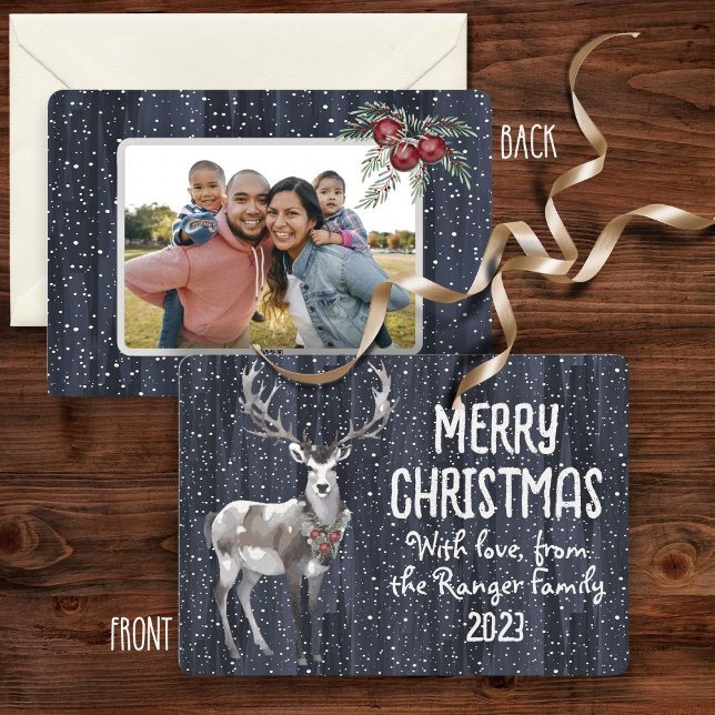 Rustic Blue Snowy Reindeer Christmas family photo Holiday Card (Creator Uploaded)