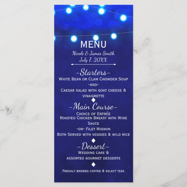 Rustic Blue String Lights Elegant Wedding Menu (Front)