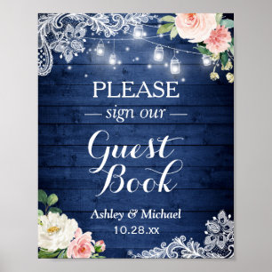 Rustic Blue String Lights Floral Sign Guestbook