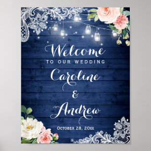 Rustic Blue String Lights Lace Floral Wedding Sign