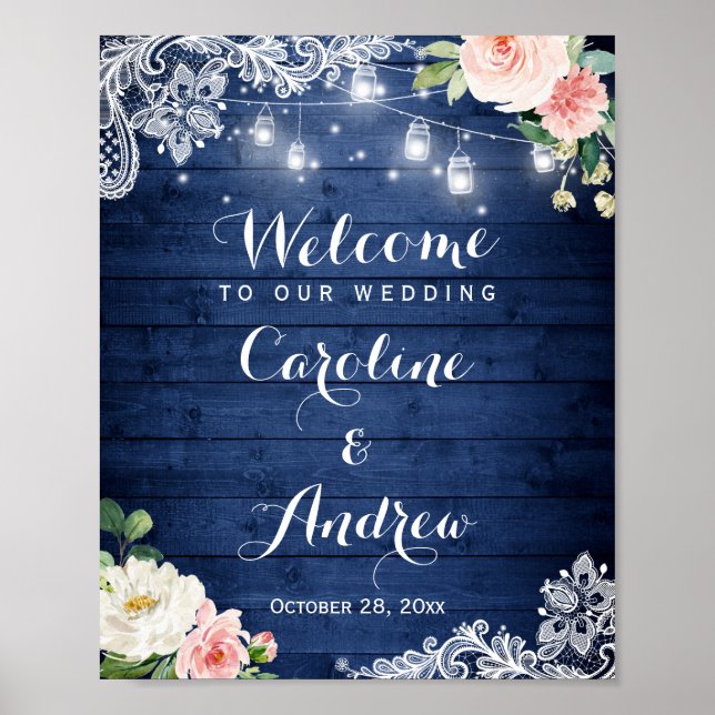 Rustic Blue String Lights Lace Floral Wedding Sign (Front)
