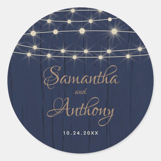 Rustic Blue String Lights Wedding Welcome Classic Round Sticker (Front)