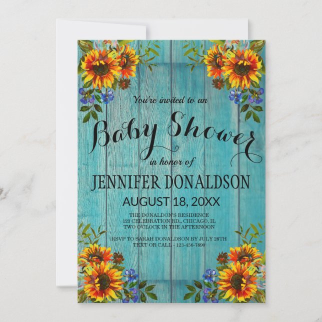 Rustic Blue Sunflower Baby Shower Invitation (Front)