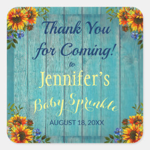 Rustic Blue Sunflower Baby Sprinkle Thank You Square Sticker