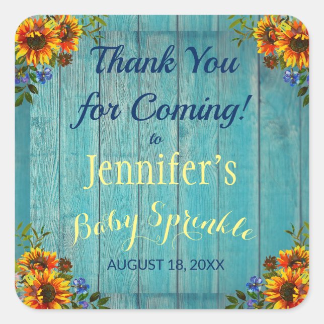 Rustic Blue Sunflower Baby Sprinkle Thank You Square Sticker (Front)