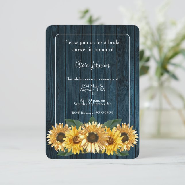 Rustic Blue Sunflower Bridal Shower Invitation (Standing Front)