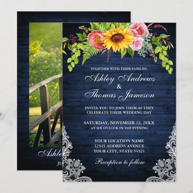 Rustic Blue Sunflower Floral Lace Photo Wedding Invitation (Front/Back)