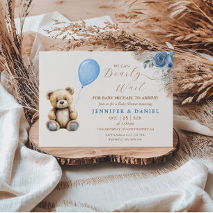Rustic Blue Teddy Bear Baby Shower Balloon Floral Invitation