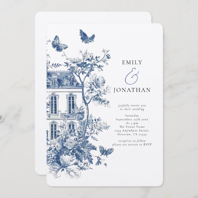 Rustic Blue Toile De Jouy QR Code Wedding Invitation (Front/Back)