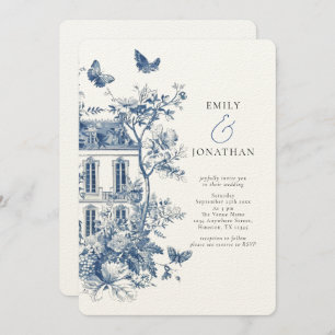 Rustic Blue Toile De Jouy QR Code Wedding Invitation
