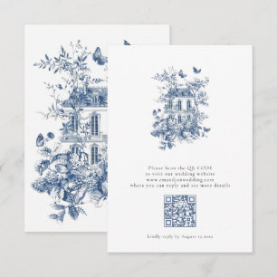 Rustic Blue Toile De Jouy QR Code Wedding RSVP Card