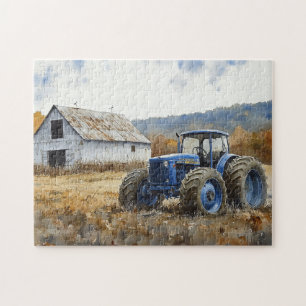 Rustic Blue Tractor White Barn Watercolor Jigsaw Puzzle