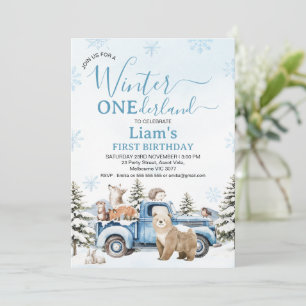 Rustic Blue Truck Bear Winter Onederland Birthday Invitation