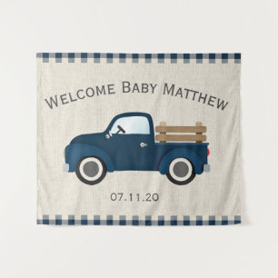 Rustic Blue Truck Boy Baby Shower Backdrop Tapestry