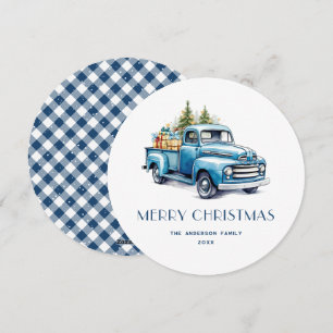 Rustic Blue Truck Gingham Plaid Christmas Cards