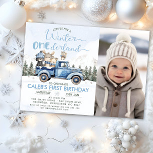Rustic Blue Truck Winter Onederland 1st Birthday Invitation