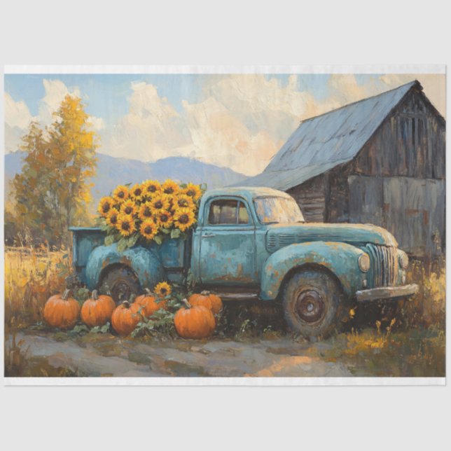 Rustic Blue Truck with Pumpkins and Sunflowers Tissue Paper (Front)