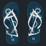 Rustic Blue Vintage Anchor Monogram Flip Flops<br><div class="desc">Custom printed flip flop sandals with a rustic nautical vintage anchor illustration and your custom monogram or other text. Click Customise It to change text fonts and colours or add your own images to create a unique one of a kind design!</div>