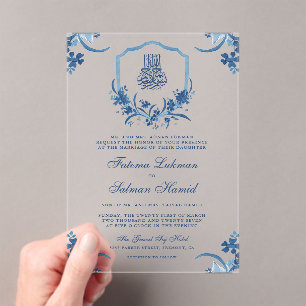 Rustic Blue Watercolor Floral Crest Muslim Wedding Acrylic Invitations