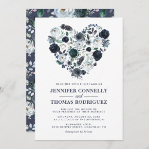 Rustic Blue Watercolor Floral Heart Wedding Invitation