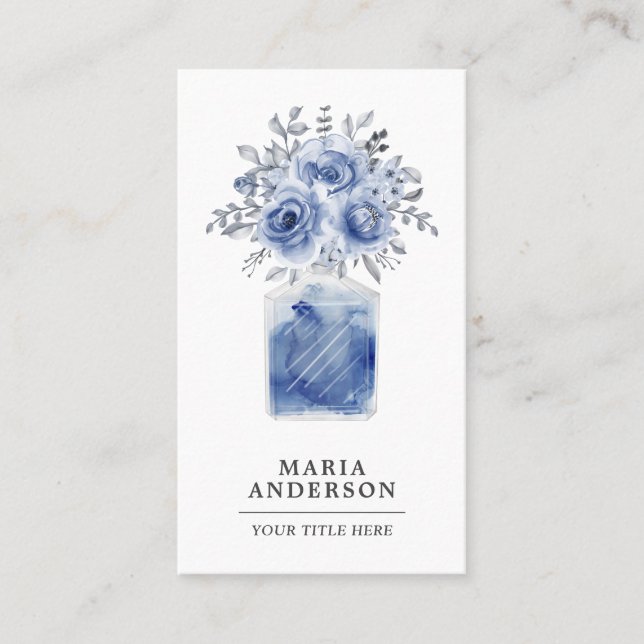Rustic Blue Watercolor Floral Perfume Bottle Business Card (Front)